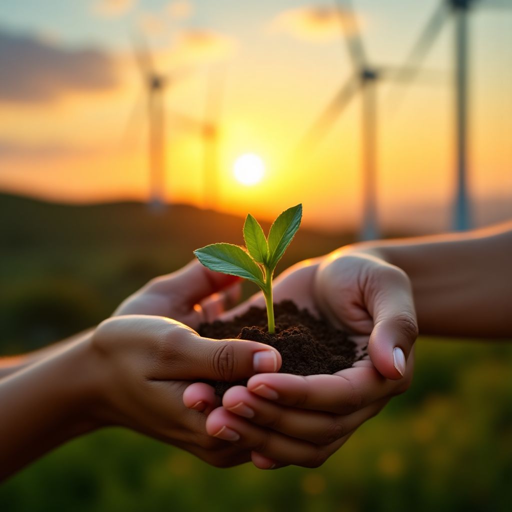 Manos sosteniendo un brote de planta con un fondo de turbinas eólicas